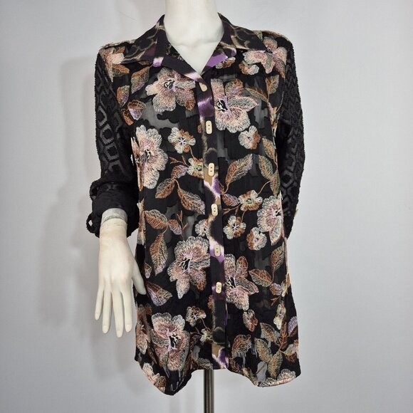 John-Mark Tops - John Mark Women's Blouse Size M Embroidered Floral Black Tunic Top  Shirt (29)